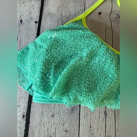 Victoria's Secret Bikini TOP Halter Aqua Green Sequins Neon Chartreuse Trim L - Picture 2 of 6
